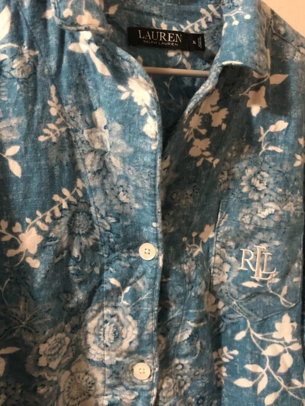 Lauren Ralph Lauren Casual Pajama Top Blue Floral Size Extra Large Button Down
